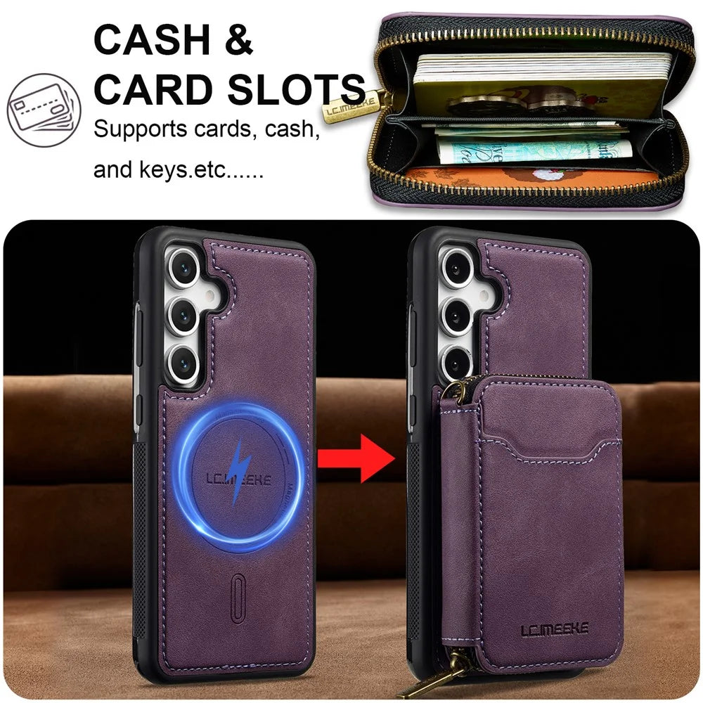 LC.IMEEKE L6 For Samsung	Galaxy S25 Magnetic Case Detachable Zipper Wallet Leather Coated PC + TPU Phone Cover - Purple - 4