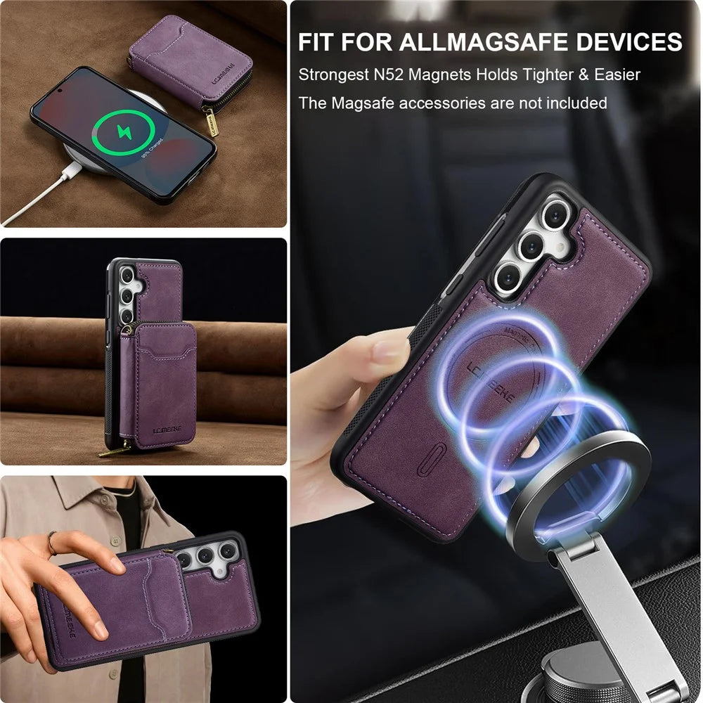 LC.IMEEKE L6 For Samsung	Galaxy S25 Magnetic Case Detachable Zipper Wallet Leather Coated PC + TPU Phone Cover - Purple - 6