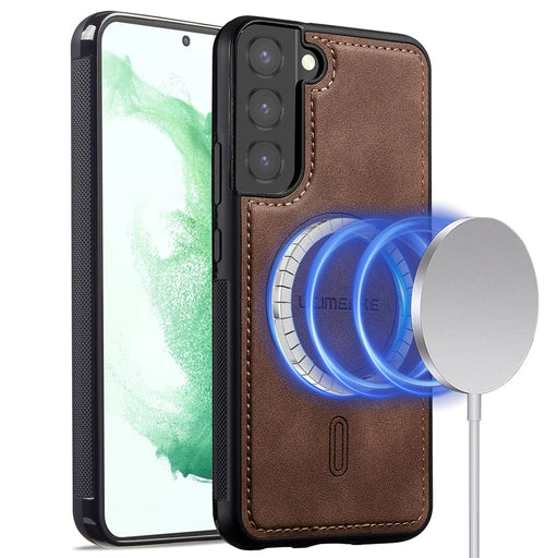 LC.IMEEKE L6 For Samsung Galaxy S22 5G Case PU Leather Coated PC TPU Phone Cover Magnetic Case - Coffee - 1