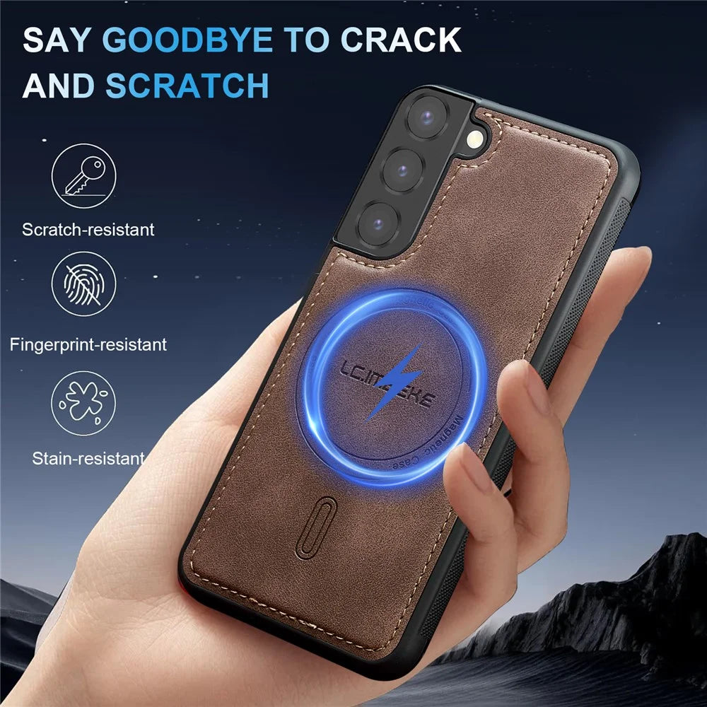 LC.IMEEKE L6 For Samsung Galaxy S22 5G Case PU Leather Coated PC TPU Phone Cover Magnetic Case - Coffee - 3