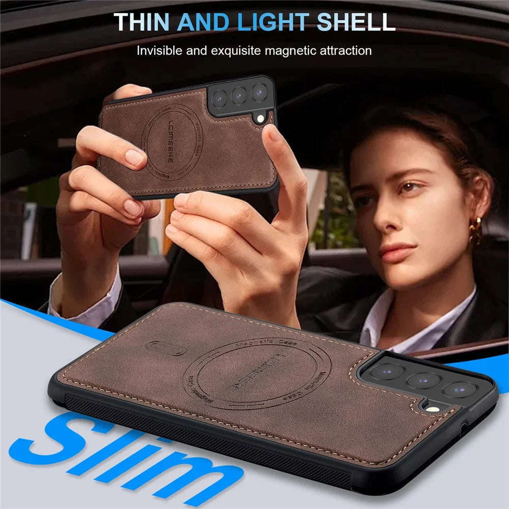 LC.IMEEKE L6 For Samsung Galaxy S22 5G Case PU Leather Coated PC TPU Phone Cover Magnetic Case - Coffee - 7