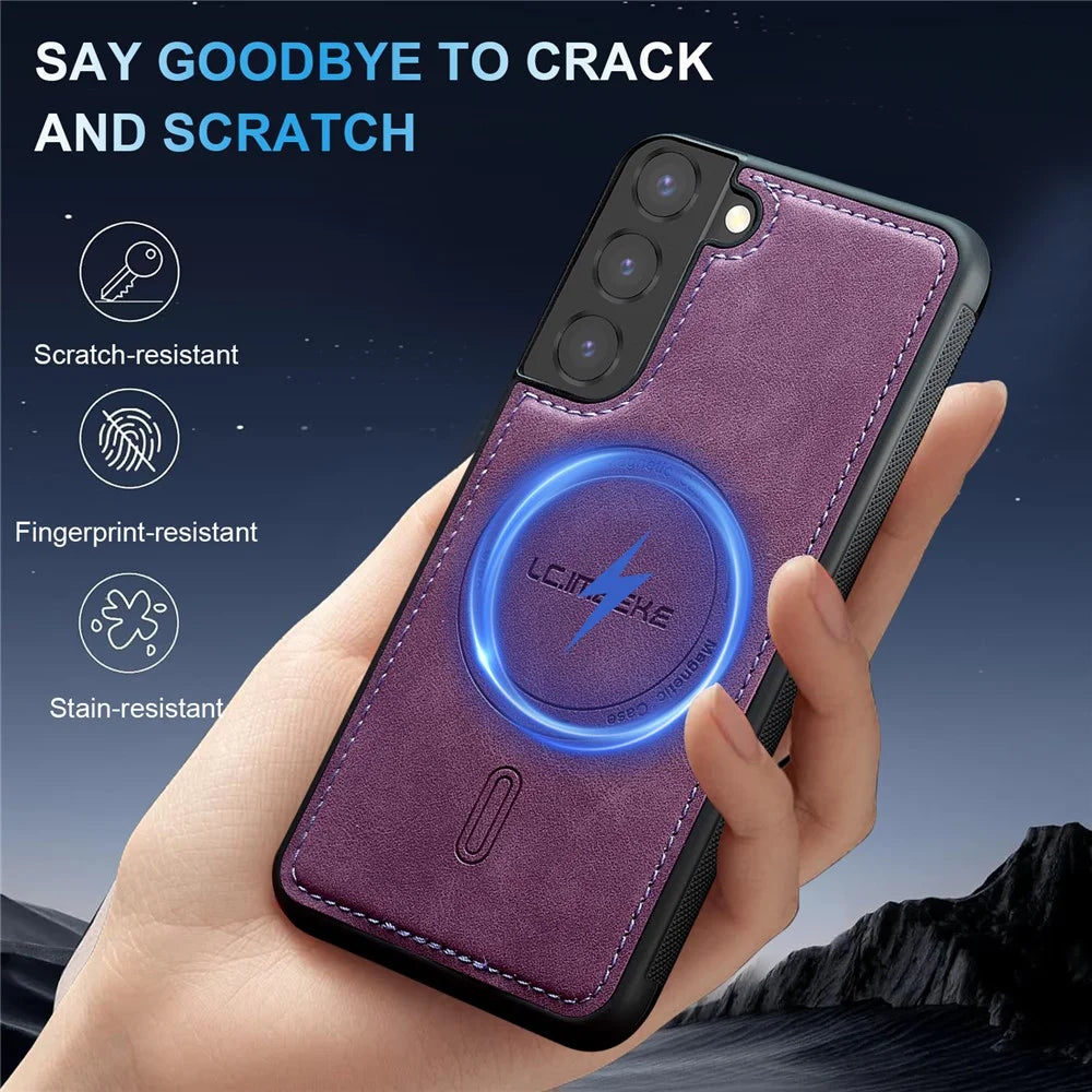 LC.IMEEKE L6 For Samsung Galaxy S22+ 5G Case PU Leather Coated PC TPU Phone Cover Magnetic Case - Purple - 3
