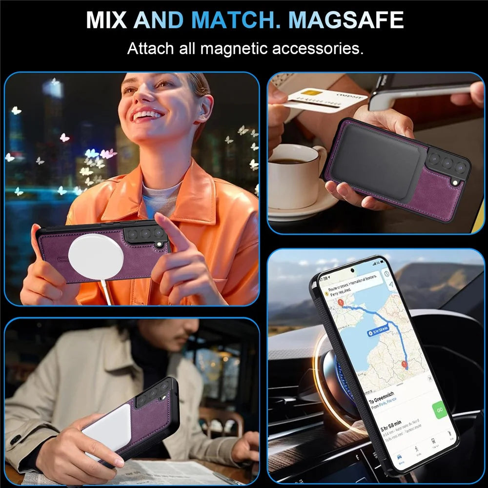 LC.IMEEKE L6 For Samsung Galaxy S22+ 5G Case PU Leather Coated PC TPU Phone Cover Magnetic Case - Purple - 5