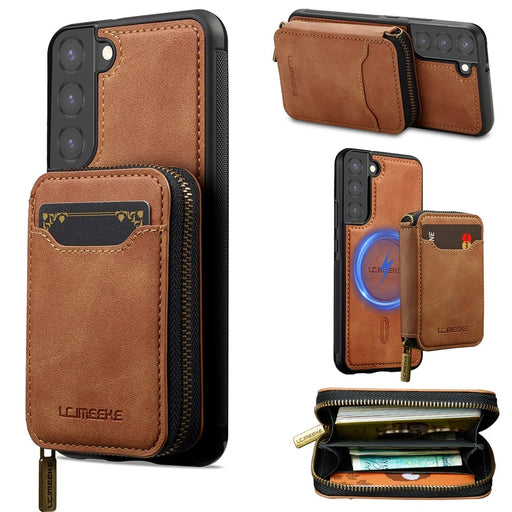 LC.IMEEKE L6 For Samsung	Galaxy S22+ 5G Magnetic Case Detachable Zipper Wallet Leather Coated PC + TPU Phone Cover - Brown - 1