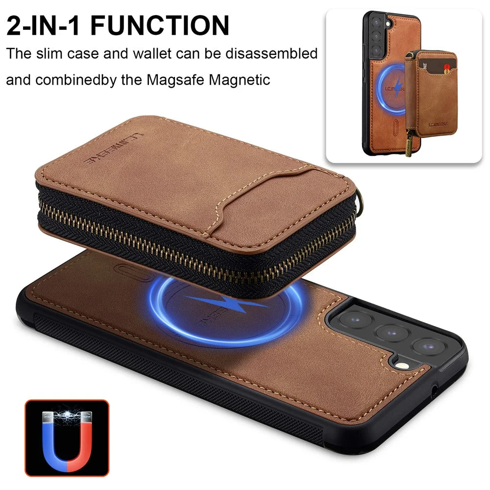 LC.IMEEKE L6 For Samsung	Galaxy S22+ 5G Magnetic Case Detachable Zipper Wallet Leather Coated PC + TPU Phone Cover - Brown - 3
