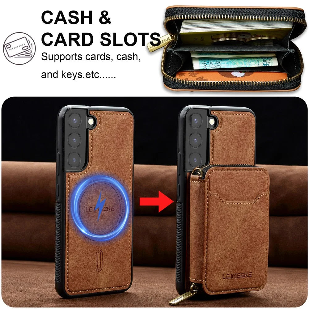 LC.IMEEKE L6 For Samsung	Galaxy S22+ 5G Magnetic Case Detachable Zipper Wallet Leather Coated PC + TPU Phone Cover - Brown - 4