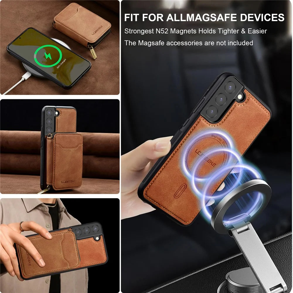 LC.IMEEKE L6 For Samsung	Galaxy S22+ 5G Magnetic Case Detachable Zipper Wallet Leather Coated PC + TPU Phone Cover - Brown - 6