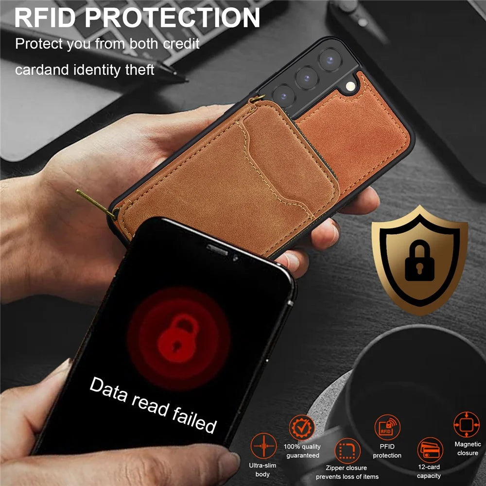 LC.IMEEKE L6 For Samsung	Galaxy S22+ 5G Magnetic Case Detachable Zipper Wallet Leather Coated PC + TPU Phone Cover - Brown - 7