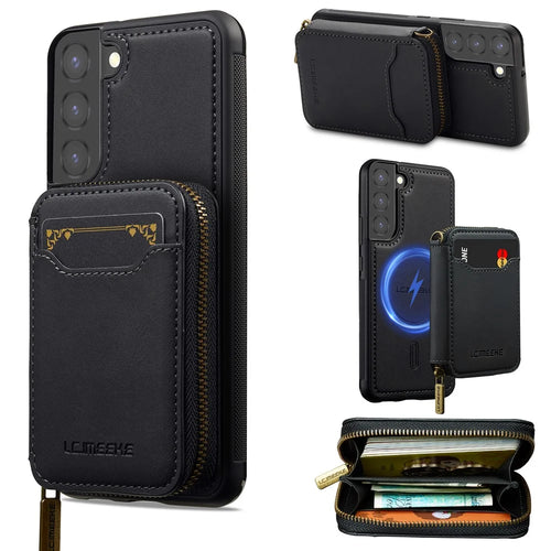 LC.IMEEKE L6 For Samsung	Galaxy S22 5G Magnetic Case Detachable Zipper Wallet Leather Coated PC + TPU Phone Cover - Black - 1