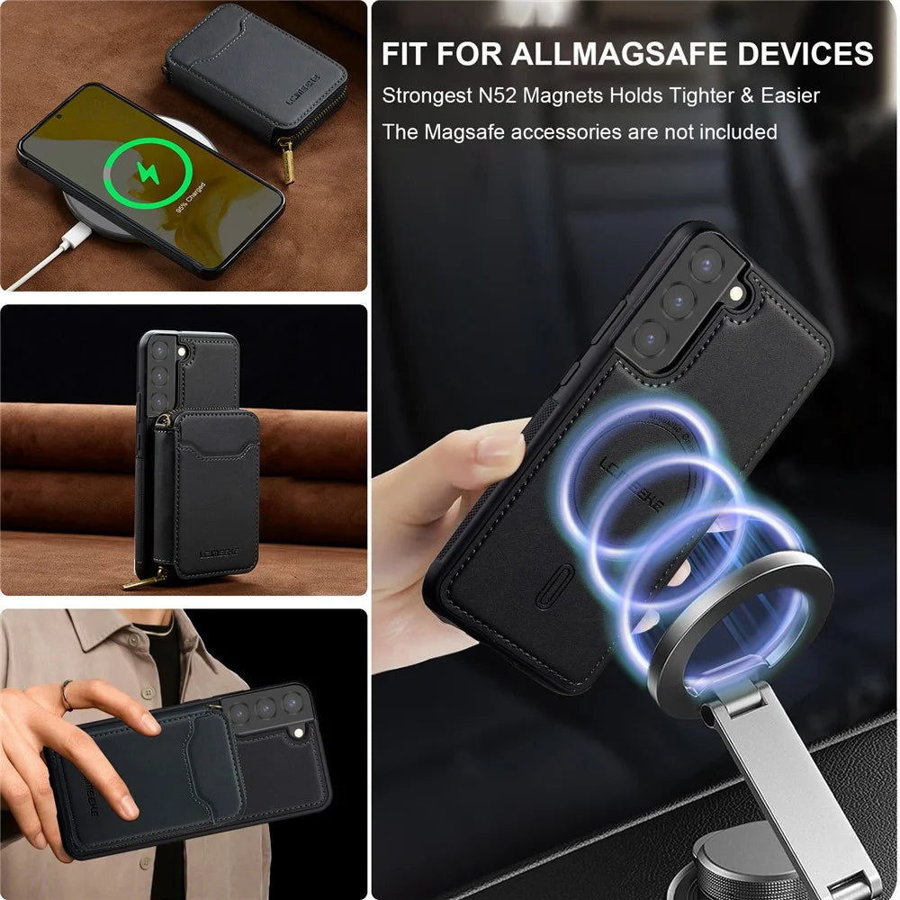 LC.IMEEKE L6 For Samsung	Galaxy S22 5G Magnetic Case Detachable Zipper Wallet Leather Coated PC + TPU Phone Cover - Black - 6