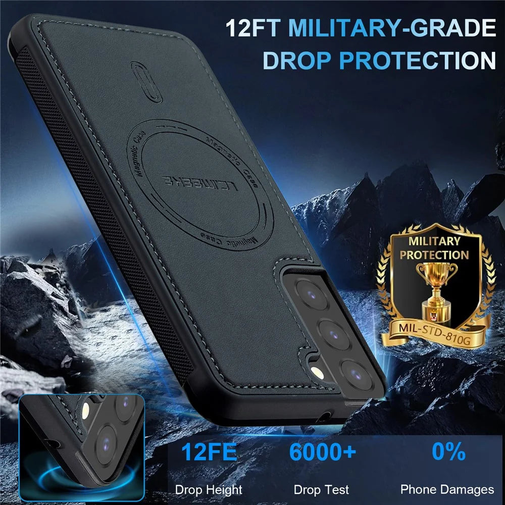 LC.IMEEKE L6 For Samsung Galaxy S21 FE 5G Case PU Leather Coated PC TPU Phone Cover Magnetic Case - Black - 5