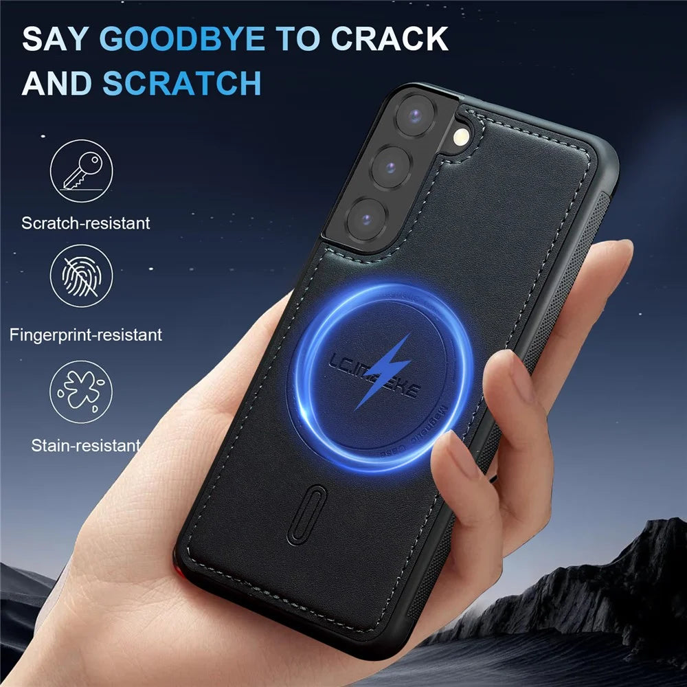 LC.IMEEKE L6 For Samsung Galaxy S21 FE 5G Case PU Leather Coated PC TPU Phone Cover Magnetic Case - Black - 6