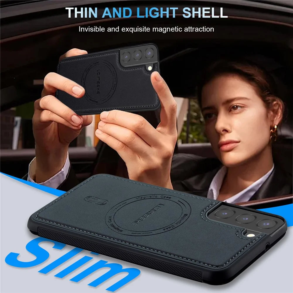 LC.IMEEKE L6 For Samsung Galaxy S21 FE 5G Case PU Leather Coated PC TPU Phone Cover Magnetic Case - Black - 7