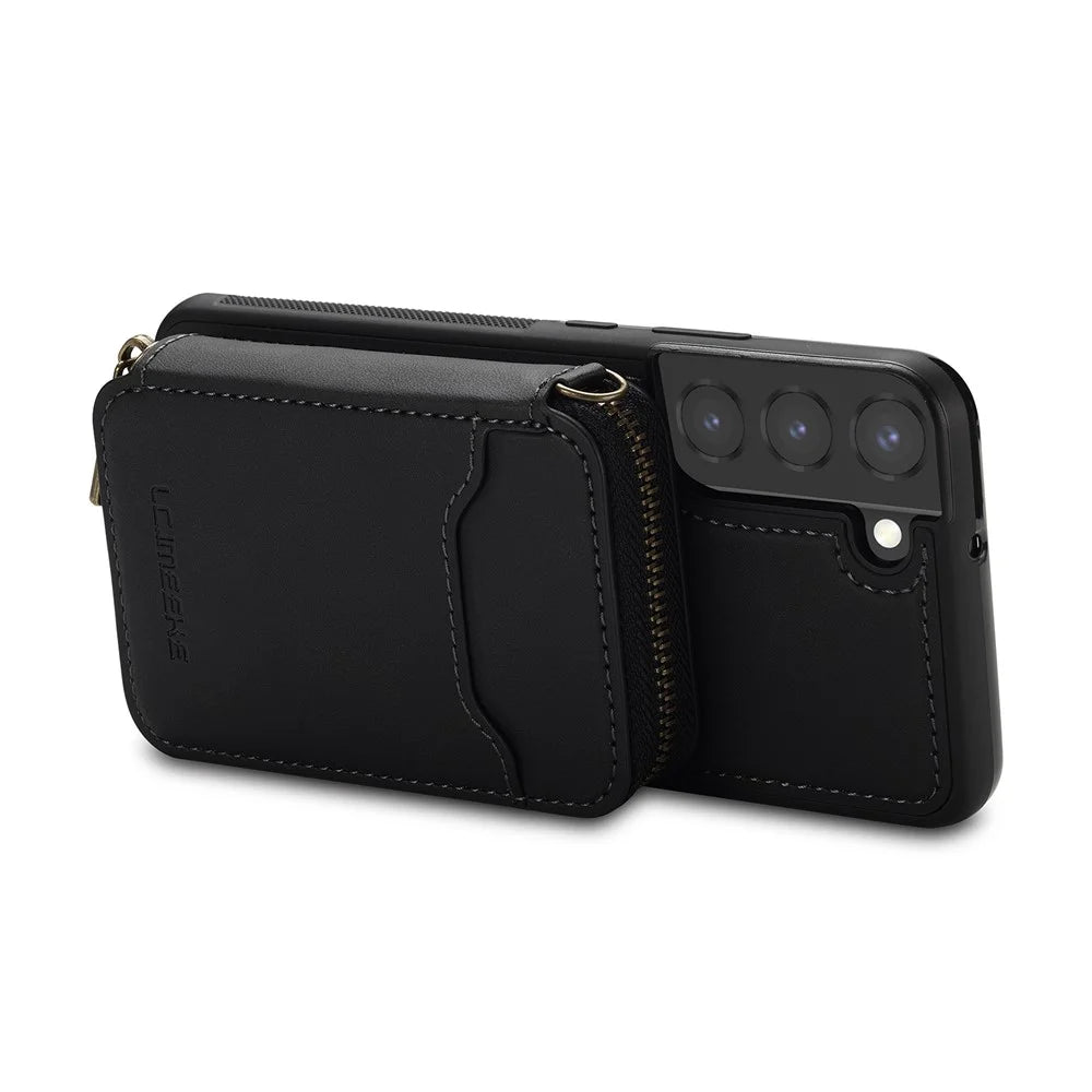 LC.IMEEKE L6 For Samsung	Galaxy S21 FE 5G Magnetic Case Detachable Zipper Wallet Leather Coated PC + TPU Phone Cover - Black - 5