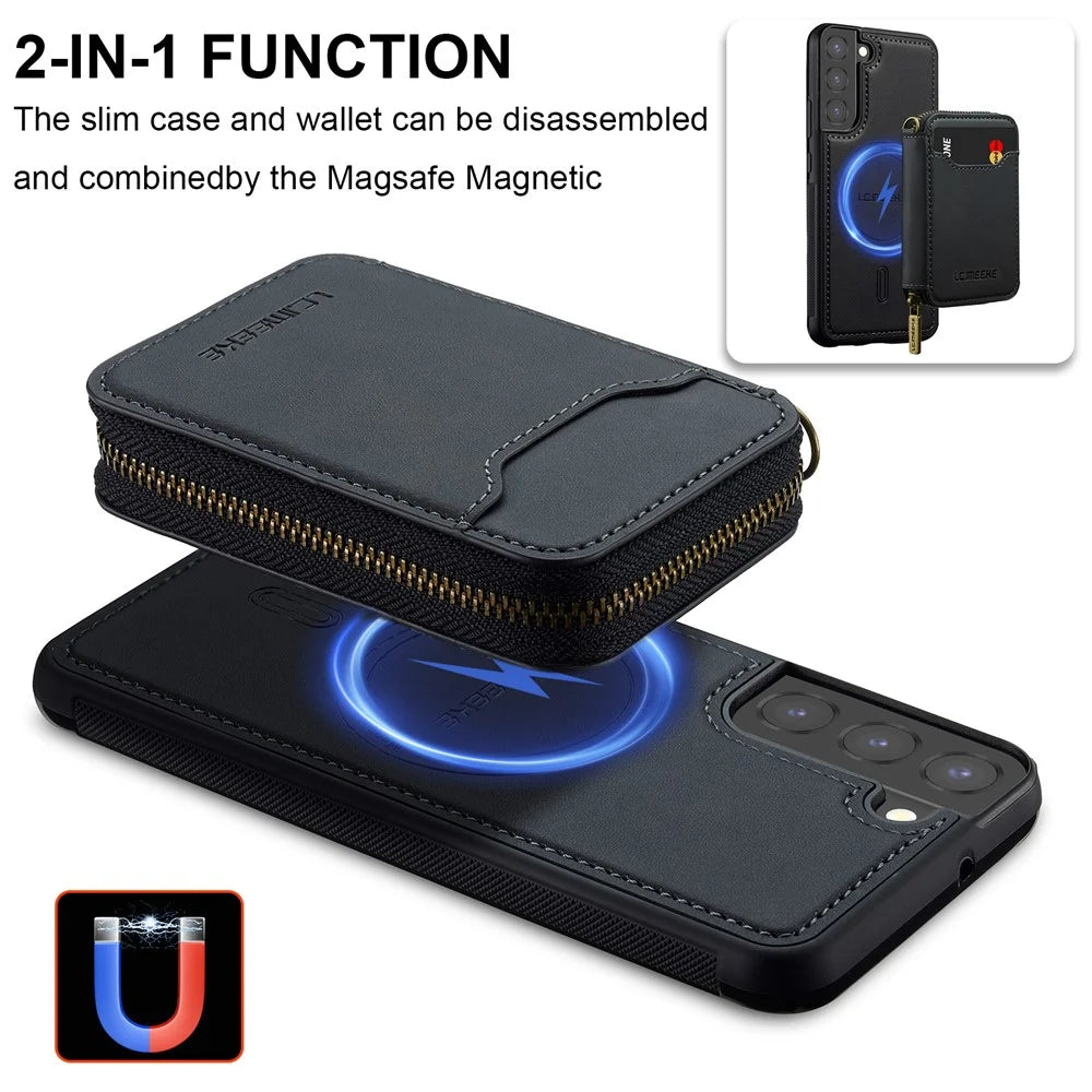 LC.IMEEKE L6 For Samsung	Galaxy S21 FE 5G Magnetic Case Detachable Zipper Wallet Leather Coated PC + TPU Phone Cover - Black - 6