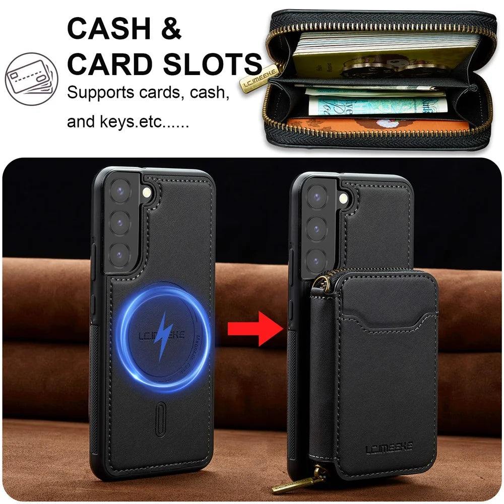 LC.IMEEKE L6 For Samsung	Galaxy S21 FE 5G Magnetic Case Detachable Zipper Wallet Leather Coated PC + TPU Phone Cover - Black - 7