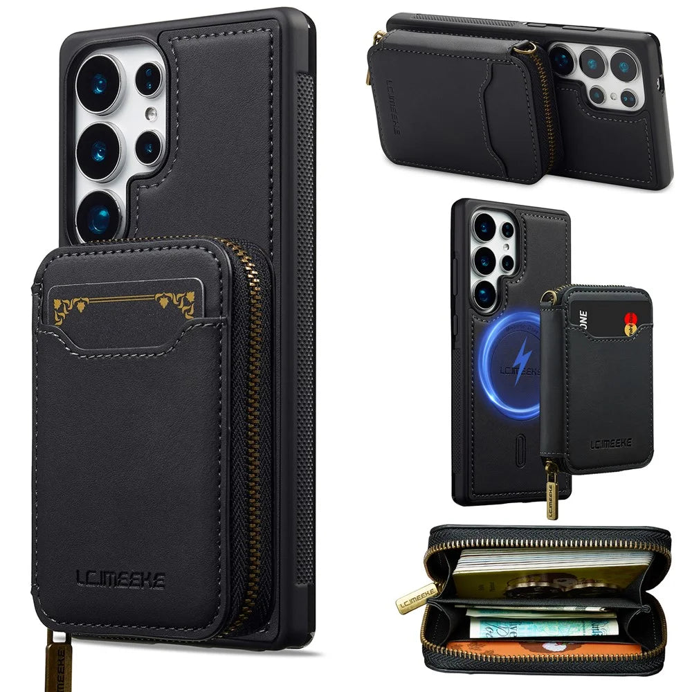 LC.IMEEKE L6 For Samsung	Galaxy S22 Ultra 5G Magnetic Case Detachable Zipper Wallet Leather Coated PC + TPU Phone Cover - Black - 1