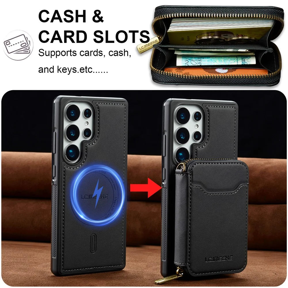 LC.IMEEKE L6 For Samsung Galaxy S24 Ultra Magnetic Case Detachable Zipper Wallet Leather Coated PC + TPU Phone Cover - Black - 7