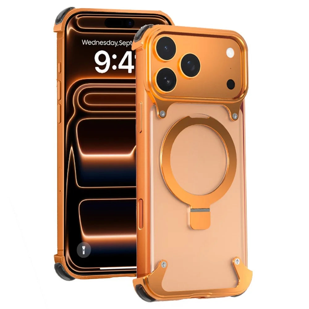 For iPhone 17 Pro Phone Case with Kickstand Compatible with MagSafe Metal PC Matte Back Cover - Orange - 1