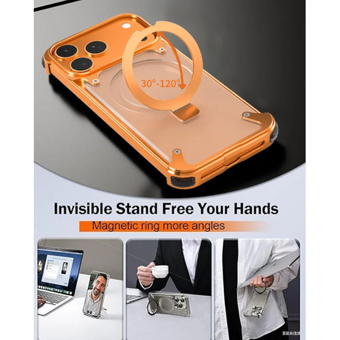 For iPhone 17 Pro Phone Case with Kickstand Compatible with MagSafe Metal PC Matte Back Cover - Orange - 7
