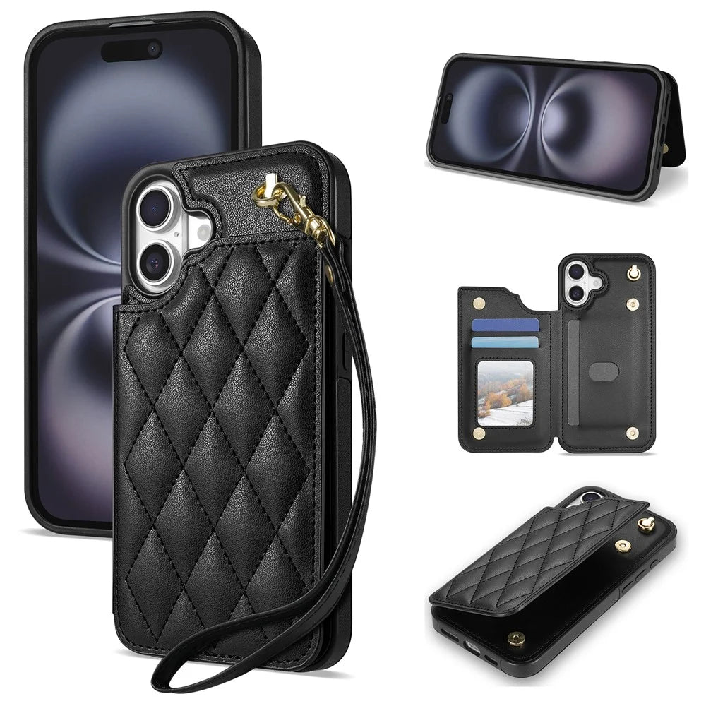 For iPhone 17 Case with Wrist Strap Card Slots Rhombus Leather + TPU Phone Cover - Black - 1