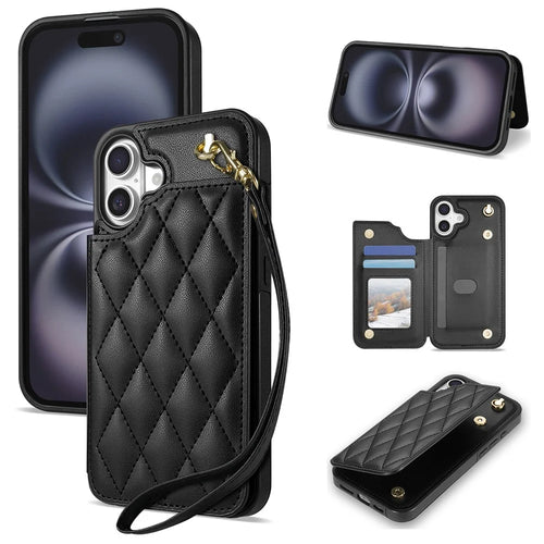 For iPhone 17 Case with Wrist Strap Card Slots Rhombus Leather + TPU Phone Cover - Black - 1