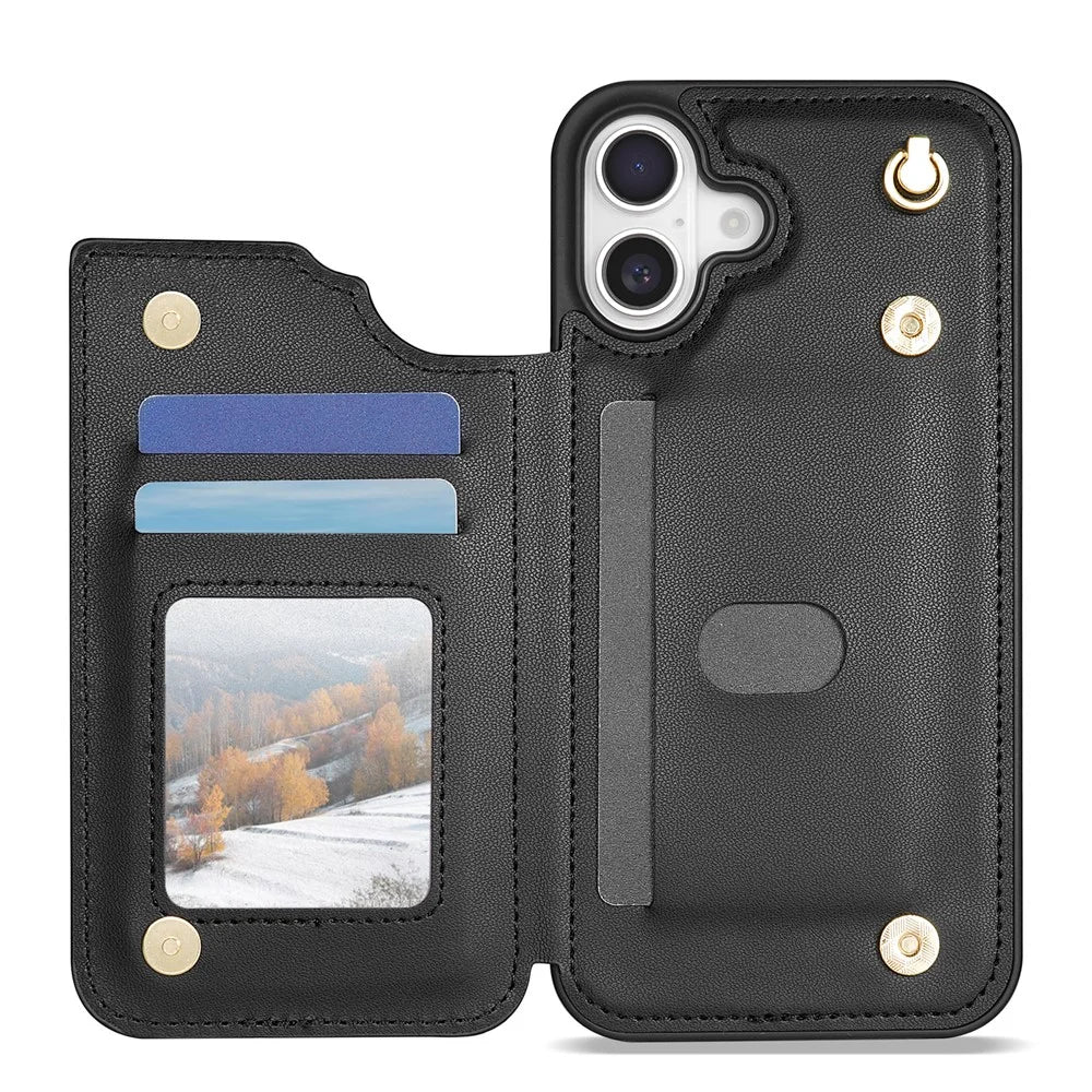 For iPhone 17 Case with Wrist Strap Card Slots Rhombus Leather + TPU Phone Cover - Black - 3