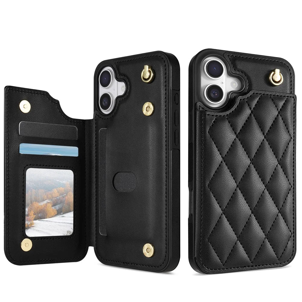 For iPhone 17 Case with Wrist Strap Card Slots Rhombus Leather + TPU Phone Cover - Black - 4