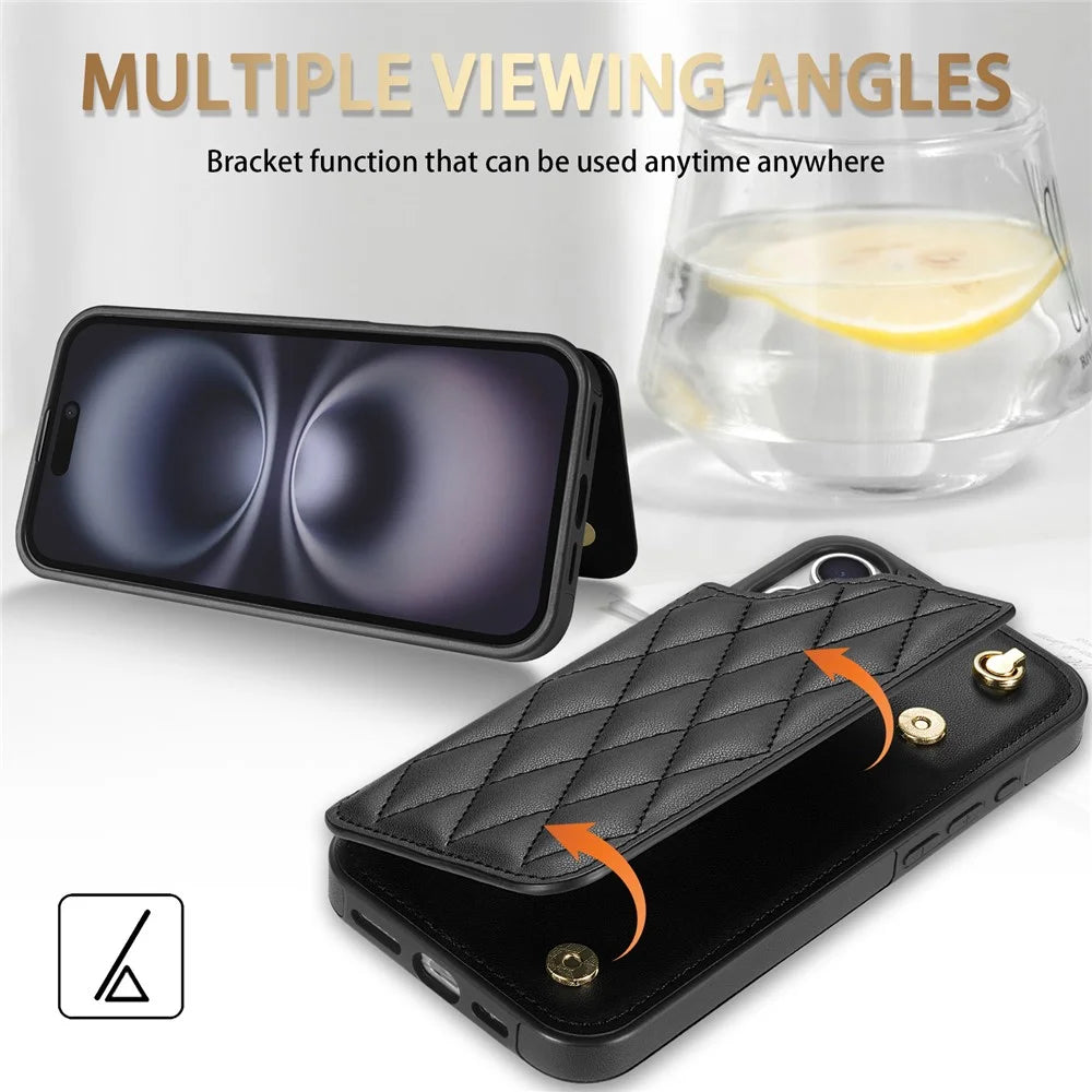 For iPhone 17 Case with Wrist Strap Card Slots Rhombus Leather + TPU Phone Cover - Black - 5