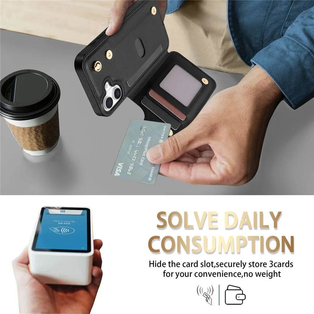 For iPhone 17 Case with Wrist Strap Card Slots Rhombus Leather + TPU Phone Cover - Black - 6