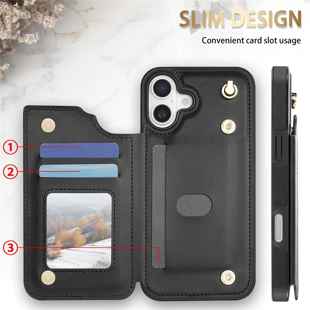For iPhone 17 Case with Wrist Strap Card Slots Rhombus Leather + TPU Phone Cover - Black - 7