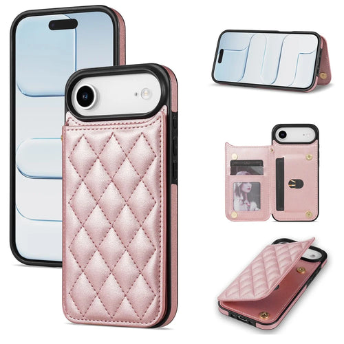 For iPhone Air Case with Wrist Strap Card Slots Rhombus Leather + TPU Phone Cover - Rose Gold - 1
