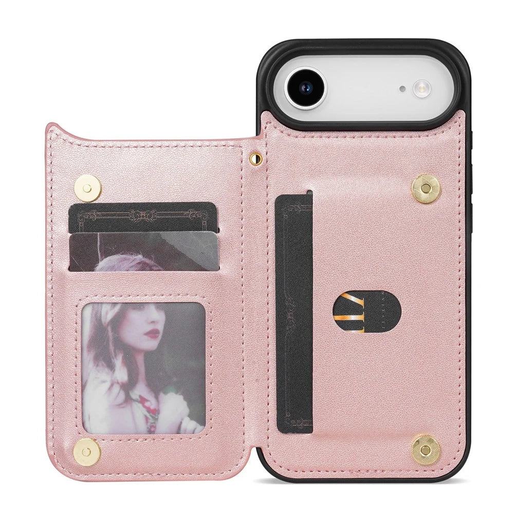 For iPhone Air Case with Wrist Strap Card Slots Rhombus Leather + TPU Phone Cover - Rose Gold - 2