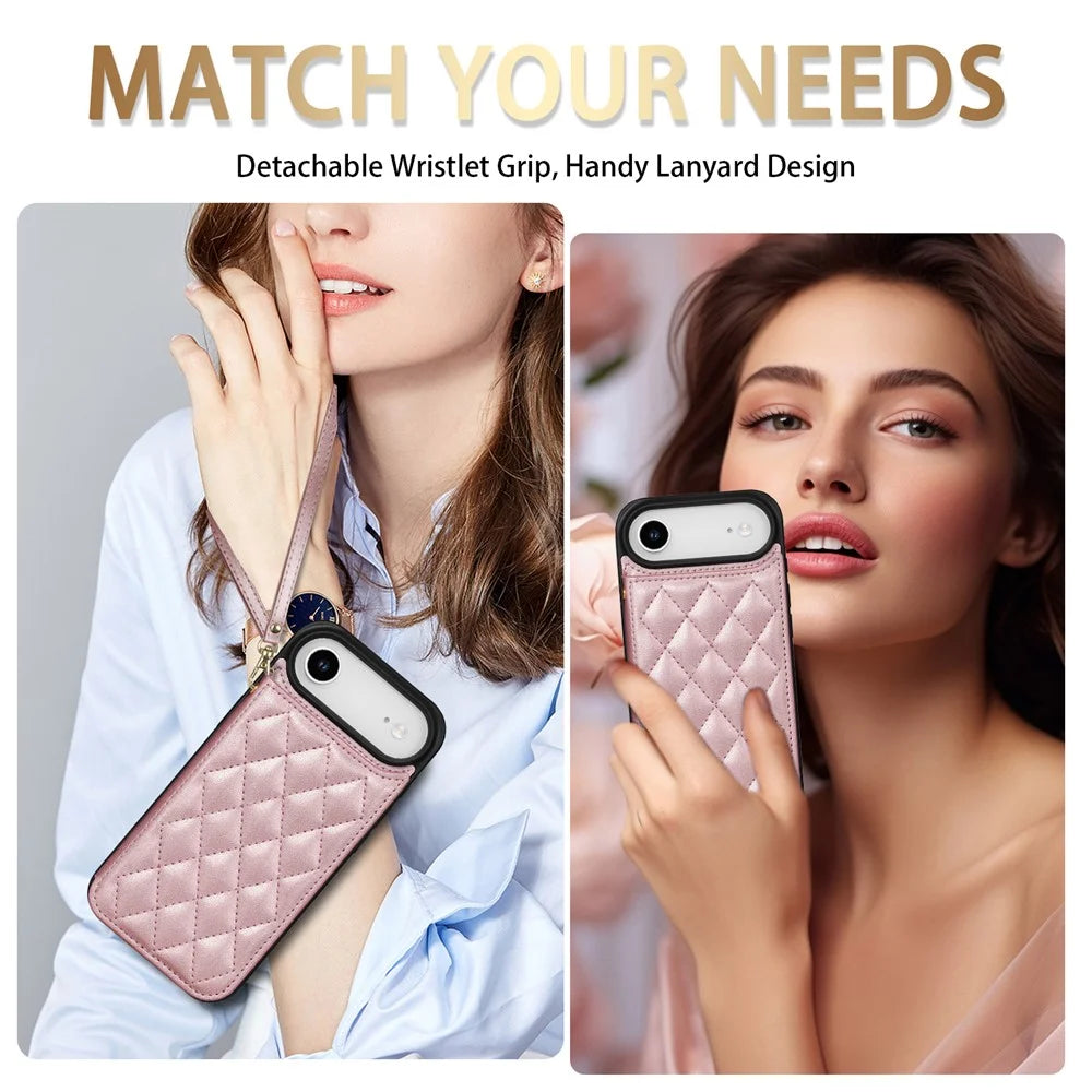 For iPhone Air Case with Wrist Strap Card Slots Rhombus Leather + TPU Phone Cover - Rose Gold - 4