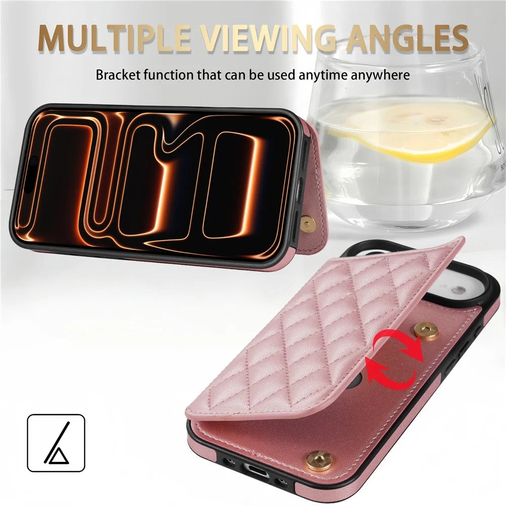 For iPhone Air Case with Wrist Strap Card Slots Rhombus Leather + TPU Phone Cover - Rose Gold - 5