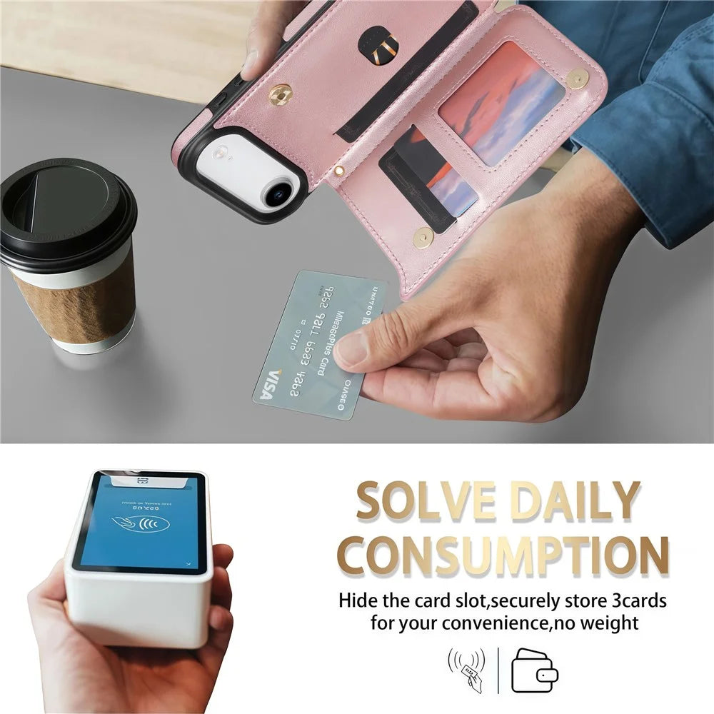 For iPhone Air Case with Wrist Strap Card Slots Rhombus Leather + TPU Phone Cover - Rose Gold - 6