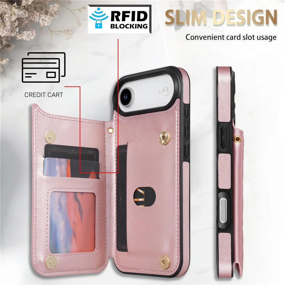 For iPhone Air Case with Wrist Strap Card Slots Rhombus Leather + TPU Phone Cover - Rose Gold - 7