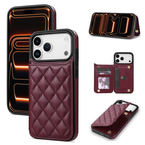 For iPhone 18 Pro / 17 Pro Case with Wrist Strap Card Slots Rhombus Leather + TPU Phone Cover - Wine Red - 1
