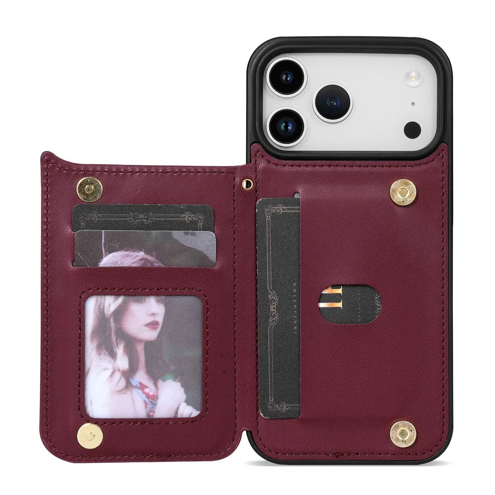 For iPhone 18 Pro / 17 Pro Case with Wrist Strap Card Slots Rhombus Leather + TPU Phone Cover - Wine Red - 3