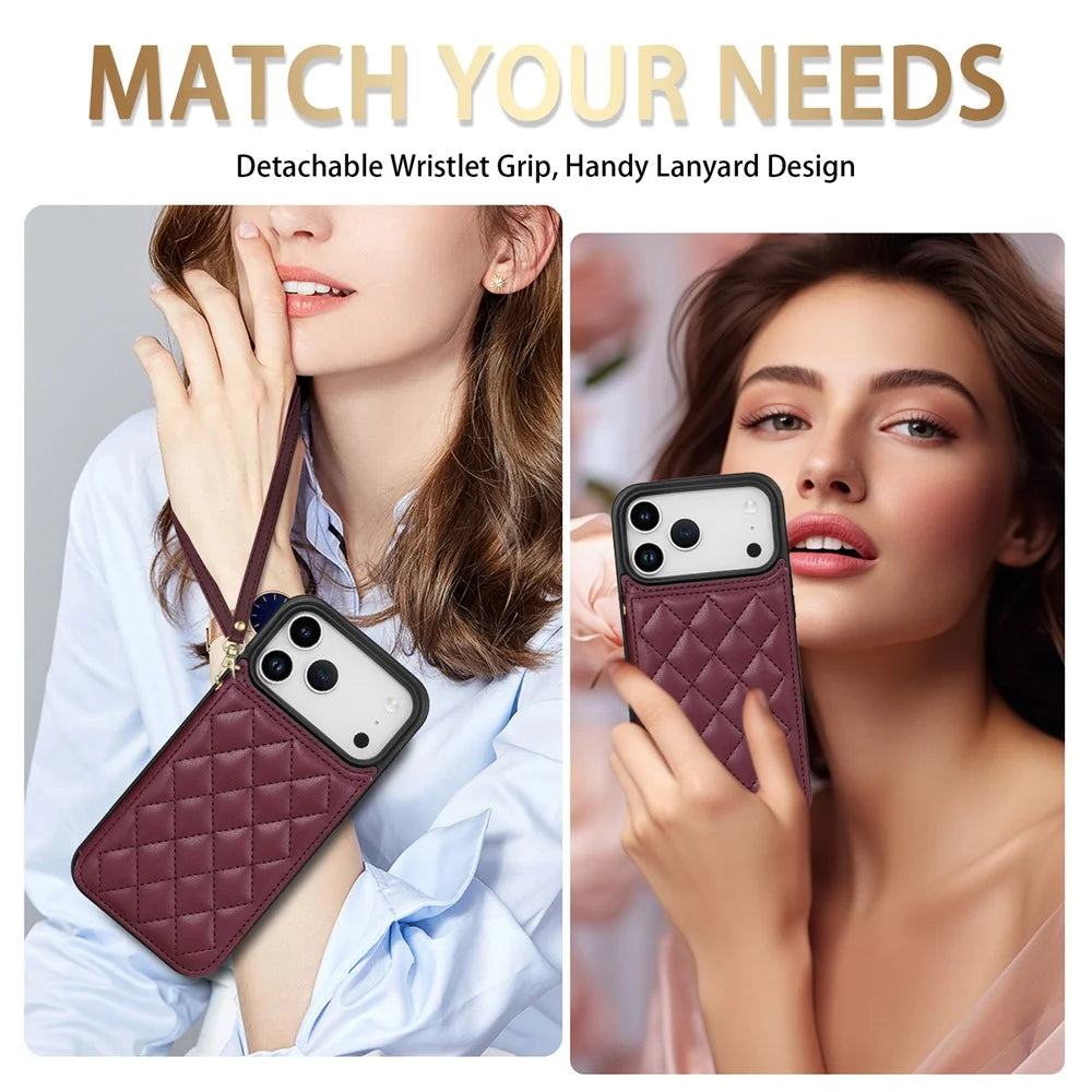 For iPhone 18 Pro / 17 Pro Case with Wrist Strap Card Slots Rhombus Leather + TPU Phone Cover - Wine Red - 4
