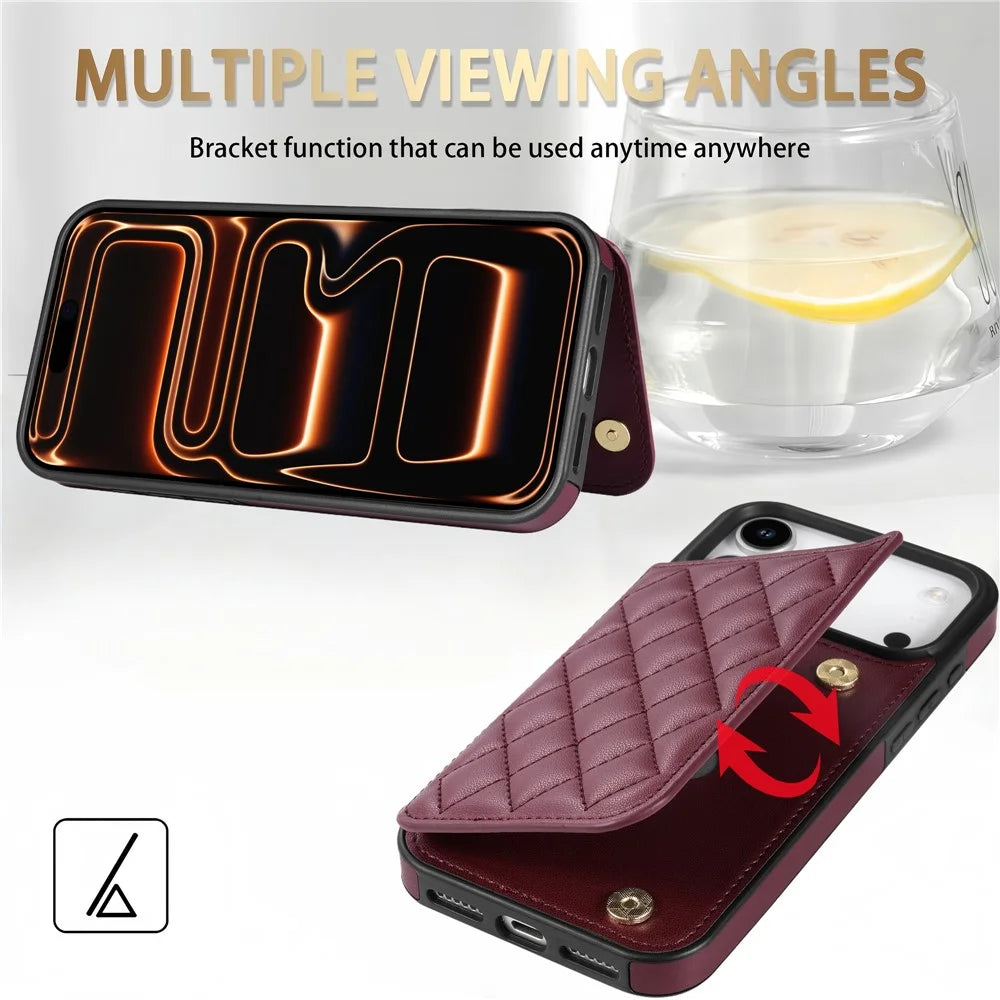 For iPhone 18 Pro / 17 Pro Case with Wrist Strap Card Slots Rhombus Leather + TPU Phone Cover - Wine Red - 5