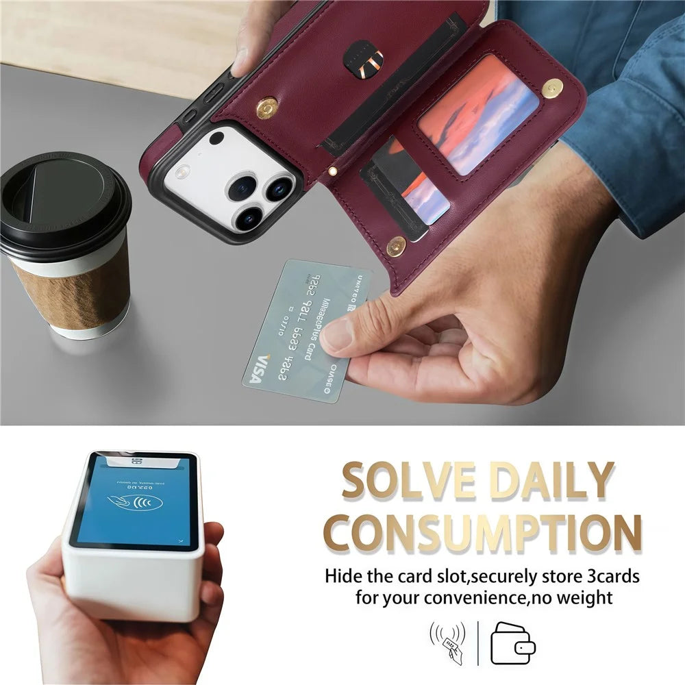 For iPhone 18 Pro / 17 Pro Case with Wrist Strap Card Slots Rhombus Leather + TPU Phone Cover - Wine Red - 6