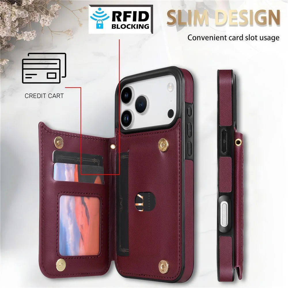 For iPhone 18 Pro / 17 Pro Case with Wrist Strap Card Slots Rhombus Leather + TPU Phone Cover - Wine Red - 7