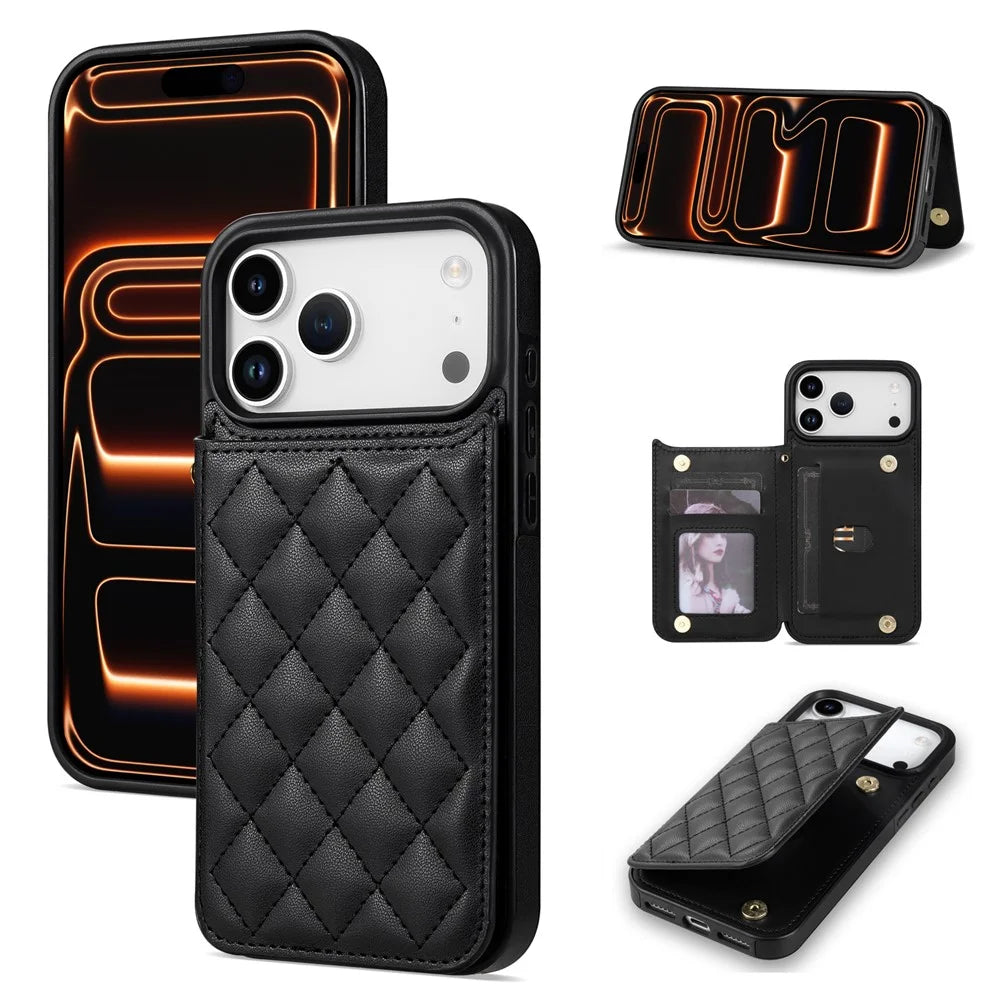 For iPhone 18 Pro Max / 17 Pro Max Case with Wrist Strap Card Slots Rhombus Leather + TPU Phone Cover - Black - 1
