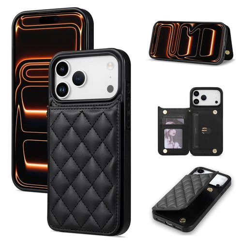 For iPhone 18 Pro Max / 17 Pro Max Case with Wrist Strap Card Slots Rhombus Leather + TPU Phone Cover - Black - 1