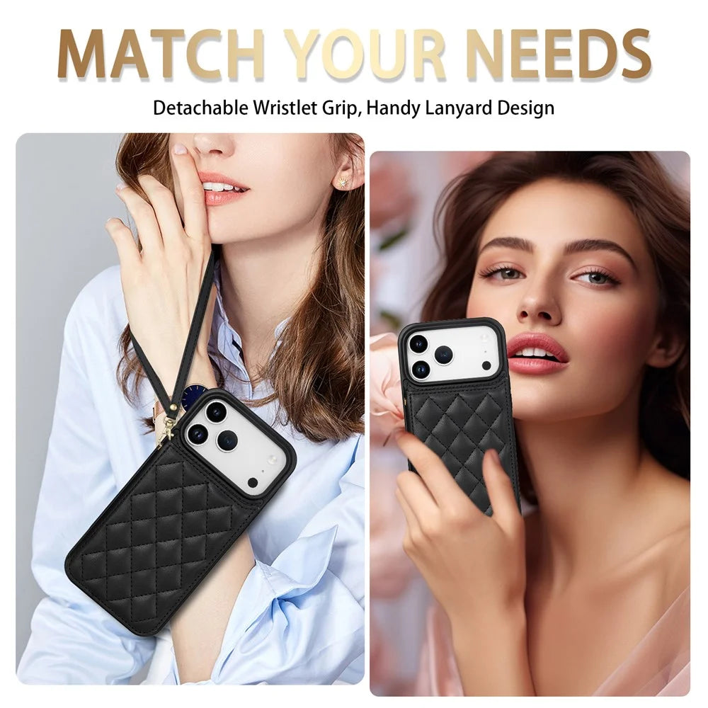 For iPhone 18 Pro Max / 17 Pro Max Case with Wrist Strap Card Slots Rhombus Leather + TPU Phone Cover - Black - 4