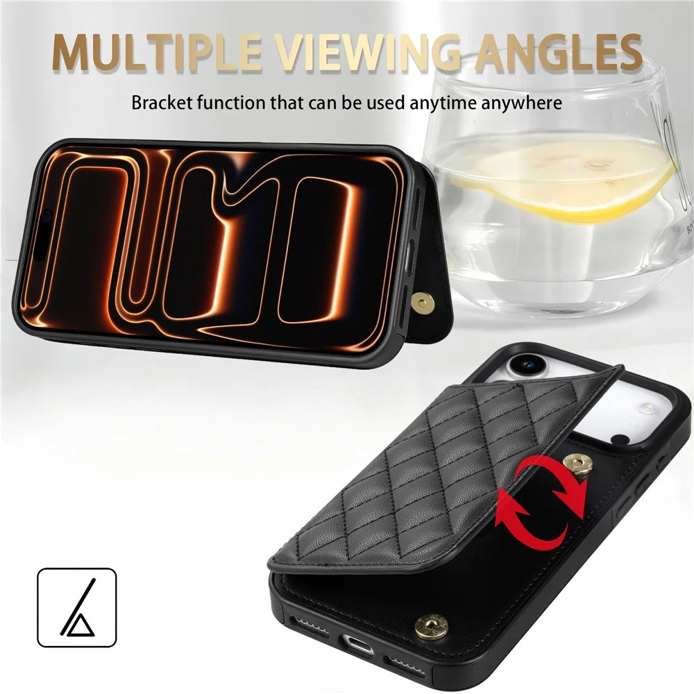 For iPhone 18 Pro Max / 17 Pro Max Case with Wrist Strap Card Slots Rhombus Leather + TPU Phone Cover - Black - 5