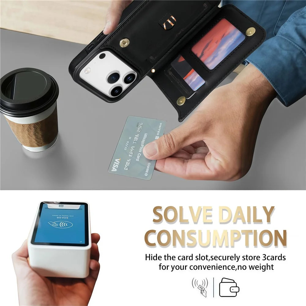 For iPhone 18 Pro Max / 17 Pro Max Case with Wrist Strap Card Slots Rhombus Leather + TPU Phone Cover - Black - 6