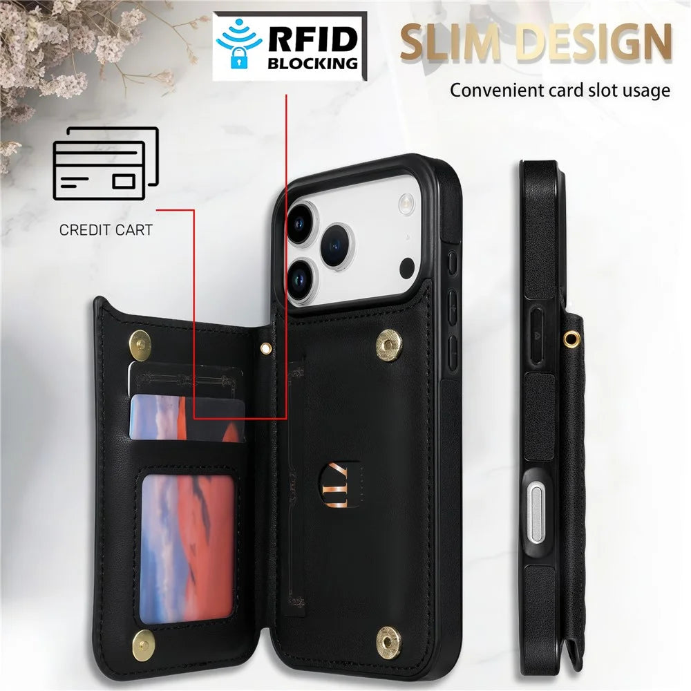 For iPhone 18 Pro Max / 17 Pro Max Case with Wrist Strap Card Slots Rhombus Leather + TPU Phone Cover - Black - 7