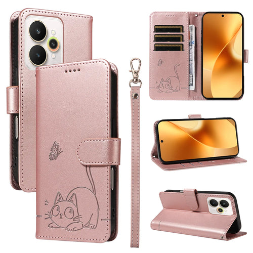 For Realme 15 Pro 5G / Realme 15 5G Case Cat Pattern Imprint Leather Phone Cover with Wrist Strap - Rose Gold - 1